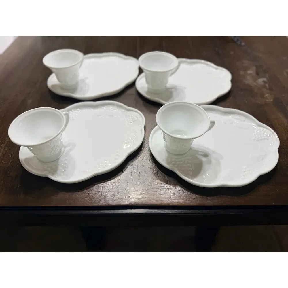 Set of 4 Vintage White Milk Glass Grapes & Vines Snack Plates Cups Snack Sets